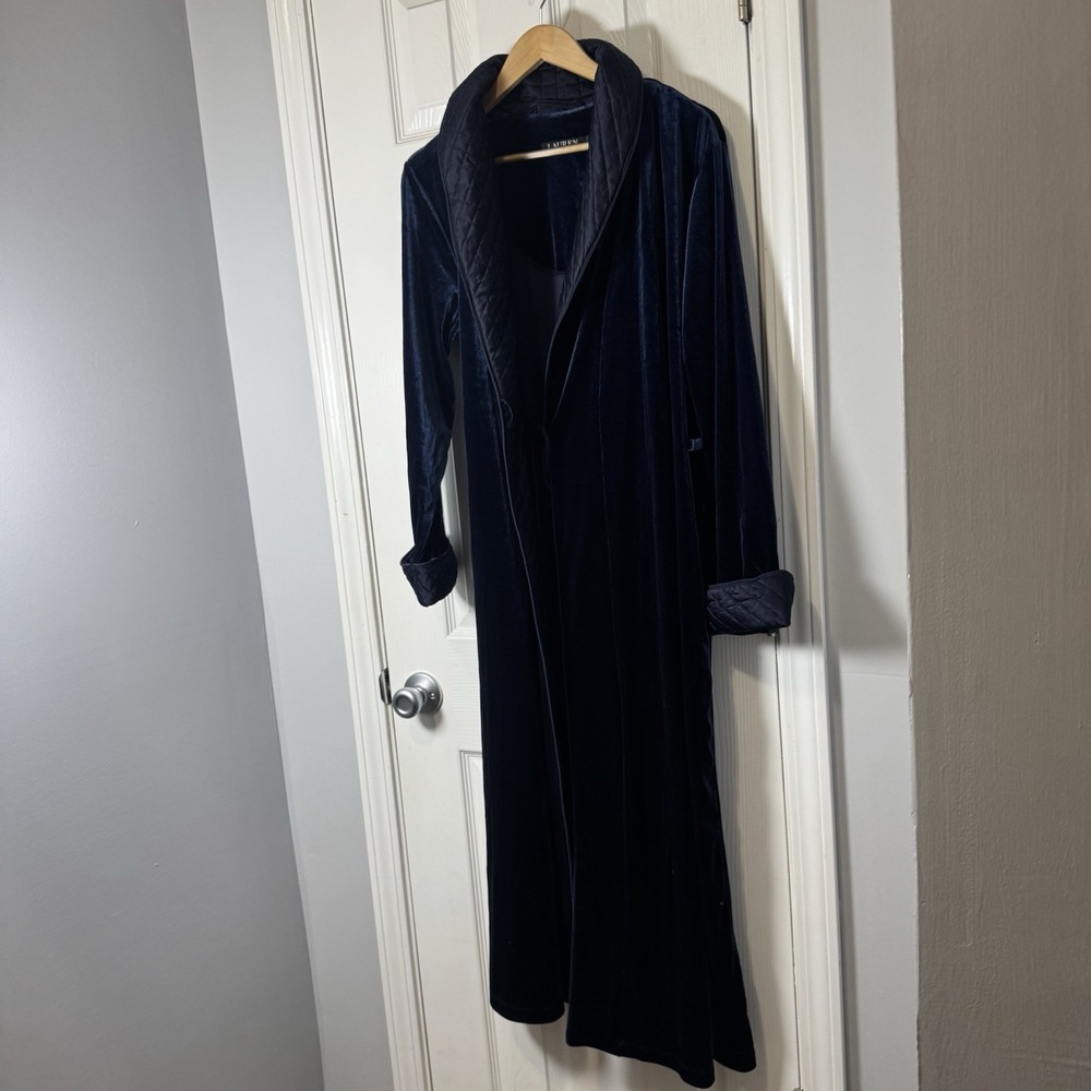 Lauren Ralph Lauren Black Label Women's M Blue Monogram Velour‎ Lounge Bathrobe